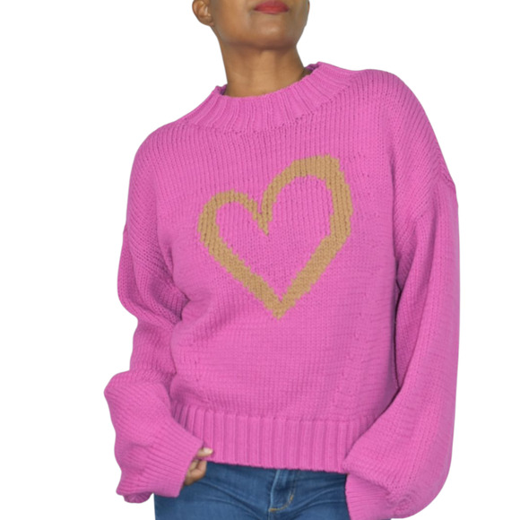 Maeve Pippa Pink Heart Sweater Anthropologie Knit Balloon Sleeve Cotton Blend XL - Picture 1 of 14